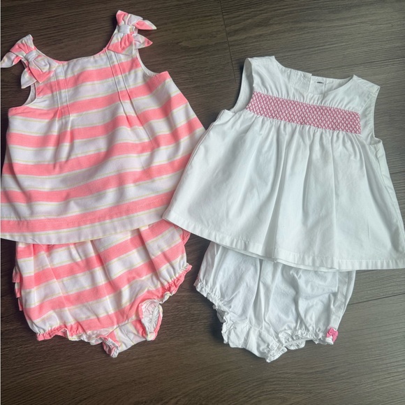Janie and Jack 2 piece rompers. Coral & White Striped and white and pink Rompers - Picture 1 of 4